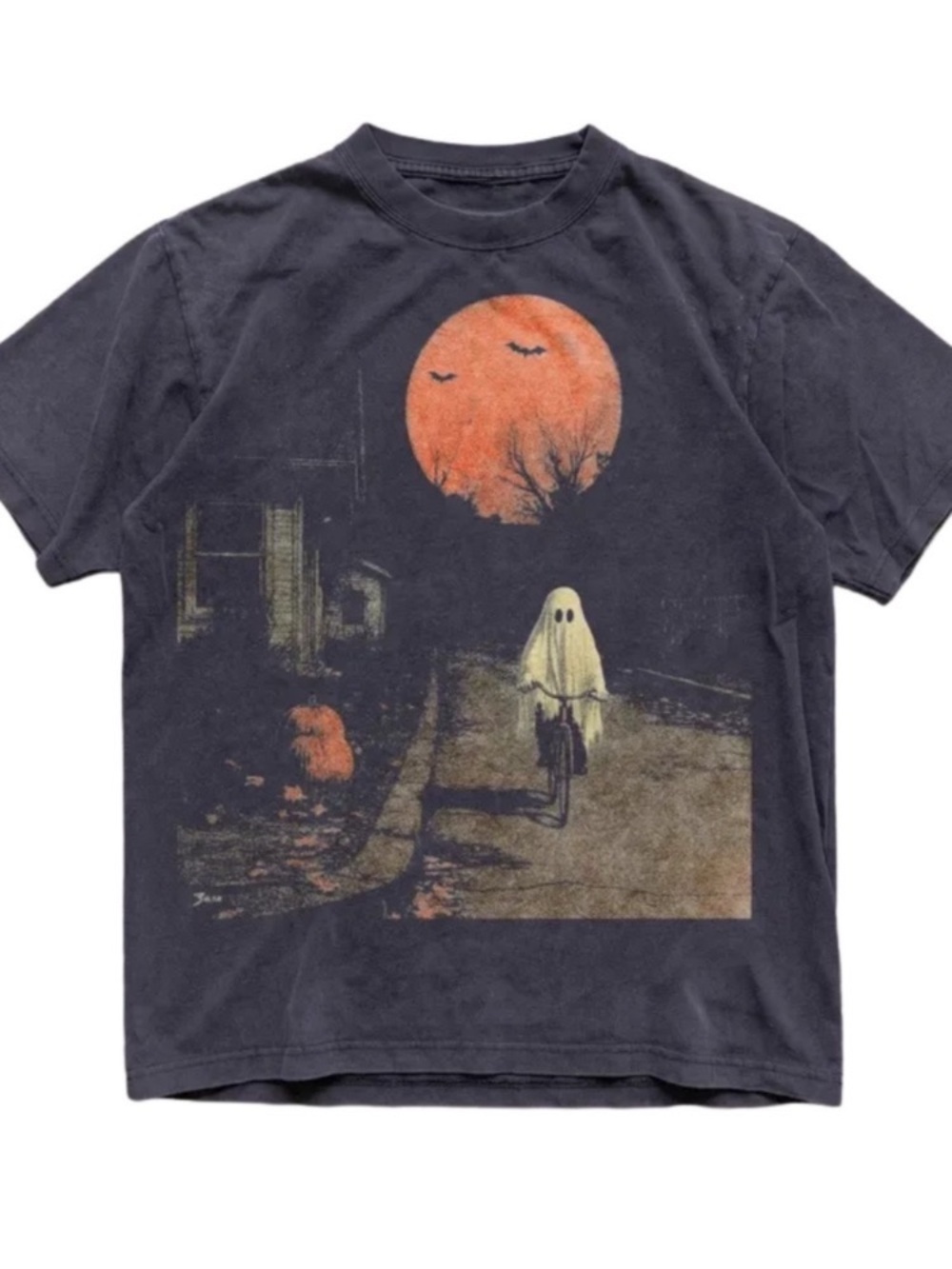 Black Graphic Tee with Orange Moon and Cream Ghost
